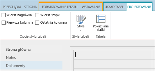 Zrzut ekranu: wstążka usługi SharePoint Online. Za pomocą karty Projektowanie zaznacz pola wyboru dla wiersza nagłówka, wiersza stopki, pierwszej kolumny i ostatniej kolumny w tabeli oraz wybierz style tabeli i wskaż, czy w tabeli wyświetlane są linie siatki.