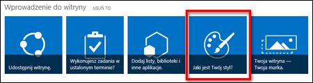 Nowo utworzona witryna w usłudze SharePoint Online z kafelkami, które można klikać, umożliwiającymi dalsze dostosowywanie witryny