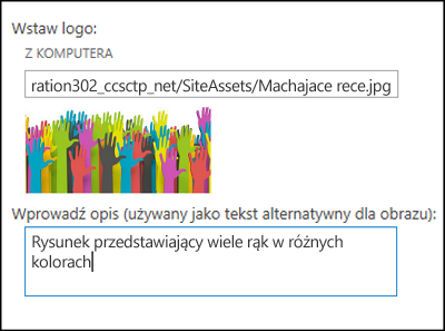 Okno dialogowe tytułu i logo nowej witryny w usłudze SharePoint Online umożliwiające utworzenie tekstu alternatywnego dla obrazu logo