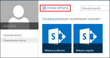 Strona Witryny w usłudze SharePoint Online z przyciskiem Nowa witryna