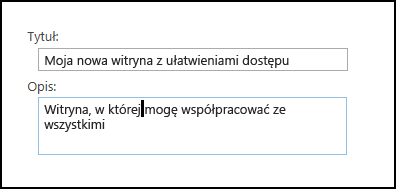 Okno dialogowe tytułu nowej witryny w usłudze SharePoint Online