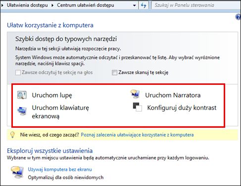 Okno dialogowe centrum ułatwień dostępu systemu Windows, w którym można wybrać technologie ułatwień dostępu