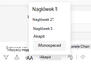 Przycisk Style i lista w aplikacji Microsoft Teams.