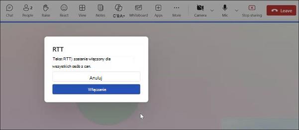 Okno spotkania w aplikacji Teams z panelem RTT u dołu przeglądarki internetowej.
