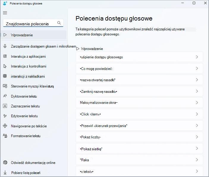 Poleceń dostępu głosowych — strona główna pomocy.