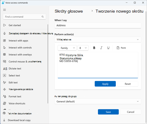 Utwórz nową stronę skrótów z przykładowym adresem wypełnionym w polu edycji Wklej tekst i multimedia. Jako przykład można zachować funkcję Adres jako shorctcuty.