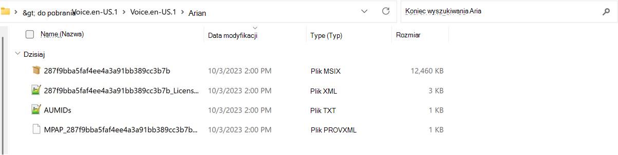 Zrzut ekranu przedstawiający wyodrębniony folder pakietów głosowych.