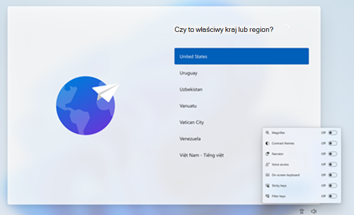 Ekran OOBE z wysuwanym menu Ułatwienia dostępu. Użytkownicy mogą używać okna wysuwanego ułatwień dostępu do uruchamiania programu Voice Access.
