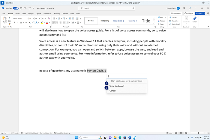 Okno pisowni jest przestawne na Word aplikacji z pustym polem tekstowym i opcjami wyświetlania klawiatury lub anulowania za pomocą etykiet numeracji.