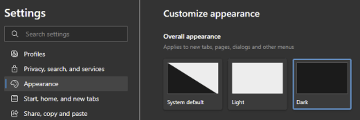 Wybrano motyw ciemny w programie Microsoft Edge.