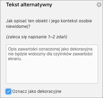 Zaznaczone pole wyboru Oznacz jako dekoracyjne w okienku tekstowym w programie Word dla komputerów Mac.