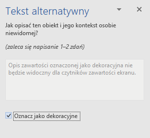 Okienko Tekst alternatywny dla elementów dekoracyjnych programu Word dla 32-bitowego systemu Windows 