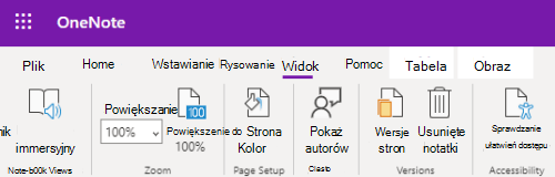 Kontrolki powiększenia w aplikacji OneNote dla sieci web.