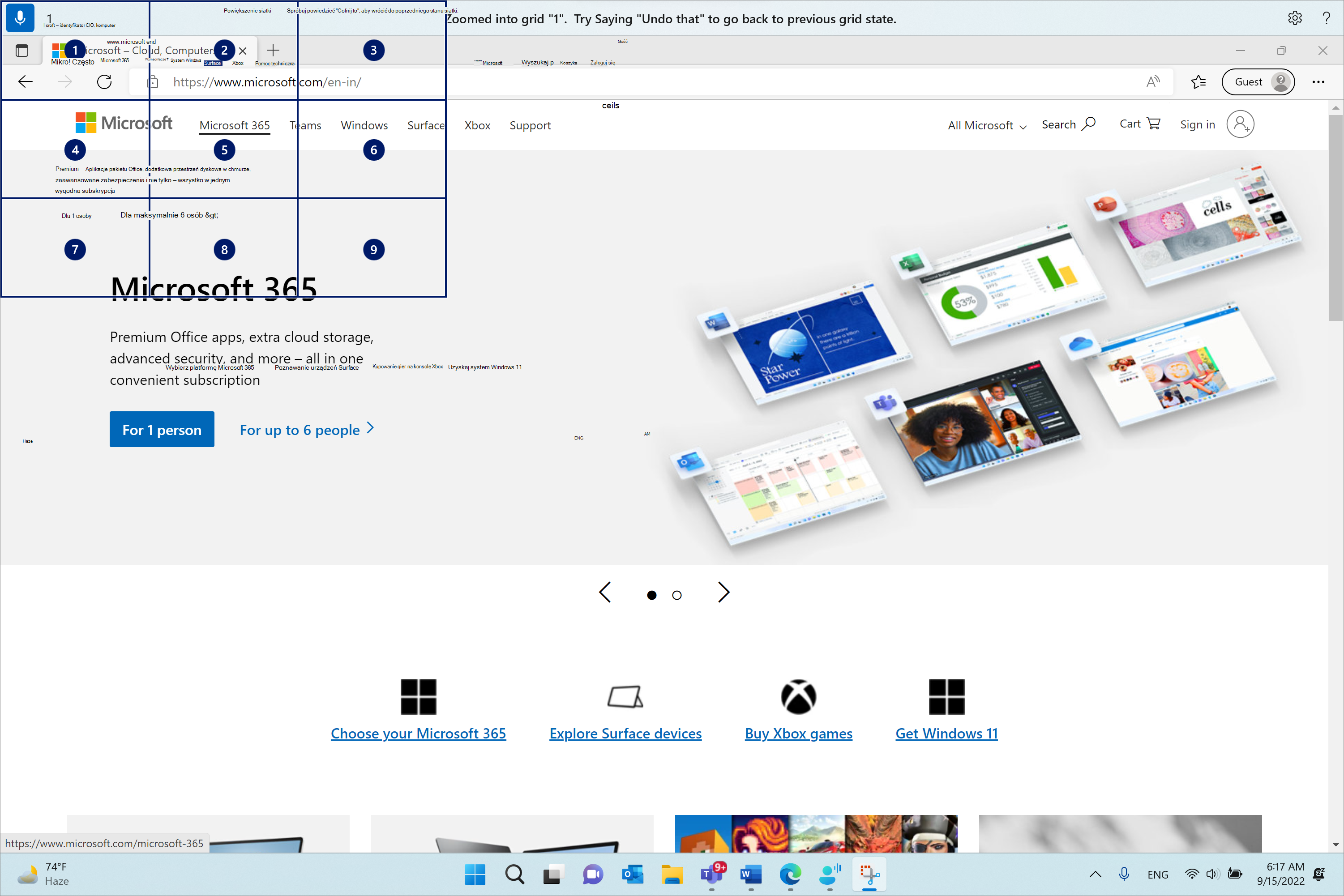 Przeglądarka Microsoft Edge jest otwarta i znajduje się na stronie Microsoft.com. Pasek dostępu głosowego znajduje się na górze i w stanie słuchania. Wydane polecenie to 1, a wyświetlana opinia jest powiększona do siatki 1. Spróbuj cofnąć to, aby powrócić do poprzedniego stanu siatki.