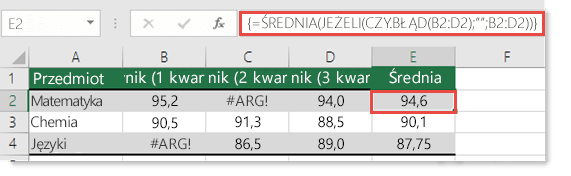 Funkcja tablicowa w funkcji ŚREDNIA na potrzeby naprawienia błędu #ARG!