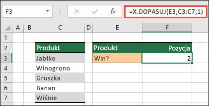 Tabela programu Excel zawierająca listę różnych produktów owocowych z komórki C3 do C7. Formuła X.DOPASUJ służy do znajdowania pozycji w tabeli, w której tekst odpowiada gra (zdefiniowanej w komórce E3). Formuła zwraca wartość 2, ponieważ tekst Winogrono znajduje się na pozycji drugiej w tabeli.