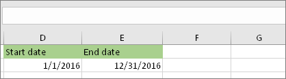 Data rozpoczęcia w komórce D53 to 2016-01-01, data końcowa w komórce E53 to 2016-12-31