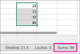 Zaznacz kolumnę liczb, aby wyświetlić sumę u dołu strony