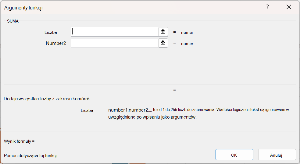 Okno dialogowe Argumenty funkcji programu Excel