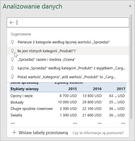 Analiza danych w programie Excel zapewni sugerowane pytania na podstawie analizy Twoich danych.
