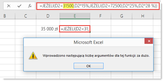 Komunikat programu Excel po dodaniu przecinka do wartości.