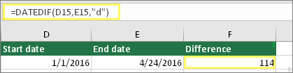 Komórka D15 z datą 2016-01-01, komórka E15 z datą 2016-04-24, komórka F15 z formułą: =DATA.RÓŻNICA(D15;E15;d) i wynikiem 114