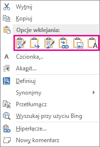 Grupa pięciu przycisków służących do wklejania wykresów programu Excel do programu Word