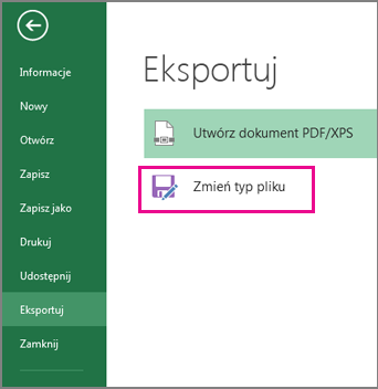 Pozycja Zmień typ pliku na karcie Eksportowanie