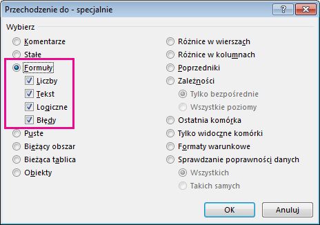 Opcje znajdowania formuł w oknie Przechodzenie do - specjalnie