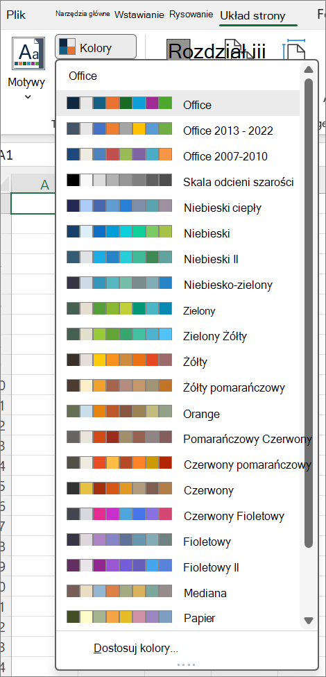 Zrzut ekranu przedstawiający galerię Kolory motywu otwartą za pomocą przycisku Kolory na karcie Układ strony.