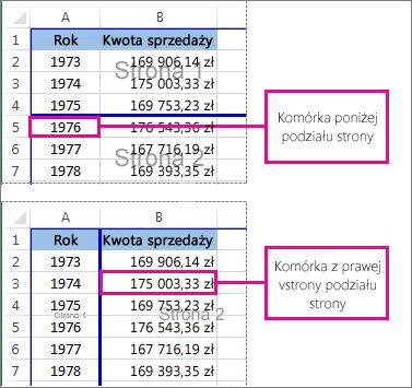 Komórka poniżej lub po prawej stronie ręcznego podziału strony