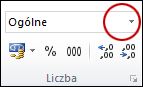 Lista formatów liczb w grupie Liczba na karcie Narzędzia główne