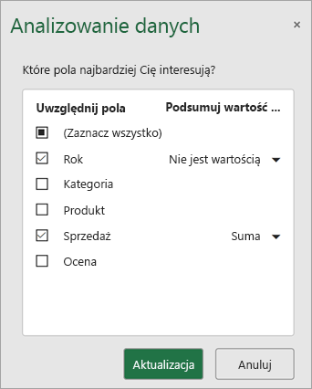 Wybierz pola, które chcesz uwzględnić i zaktualizować, aby uzyskać nowe rekomendacje.