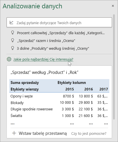 Okienko Analiza danych z linkiem określającym pola, których należy użyć.