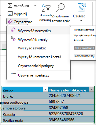 Polecenie Wyczyść wszystko na wstążce w celu usunięcia tabeli