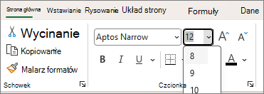 Zrzut ekranu przedstawiający listę rozwijaną wybierania innego rozmiaru czcionki.
