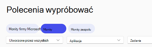 Nagłówek nawigacji Galeria poleceń funkcji Copilot z wybraną kartą Monity.