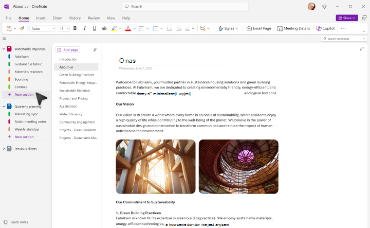 Ekran Nowa sekcja programu OneNote.