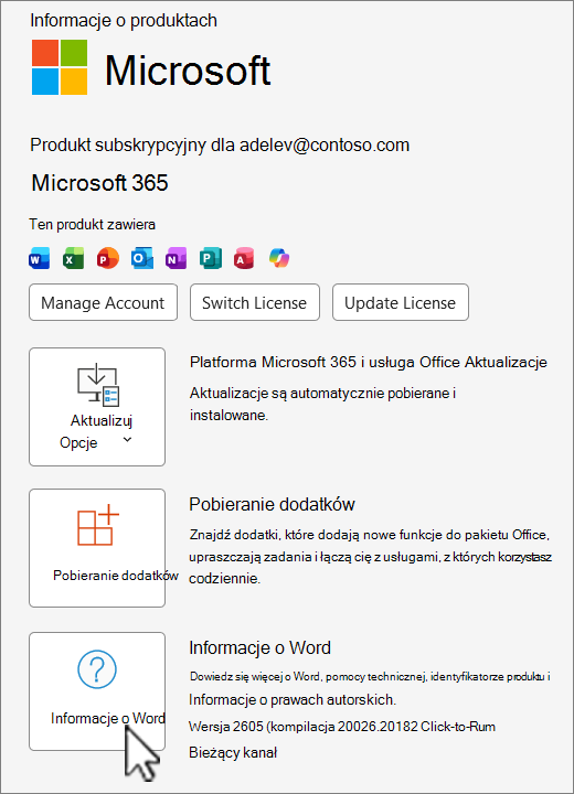 Zrzut ekranu przedstawiający widok wersji Office 365.