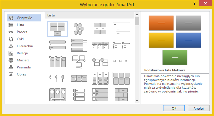 Opcje w oknie dialogowym Wybieranie grafiki SmartArt