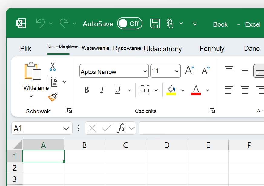 Zrzut ekranu przedstawiający lewy górny róg programu Excel z motywem Kolorowy