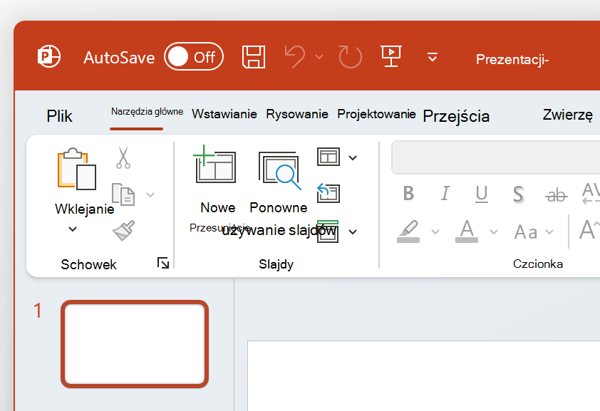 Zrzut ekranu przedstawiający lewy górny róg programu PowerPoint z motywem Kolorowe.