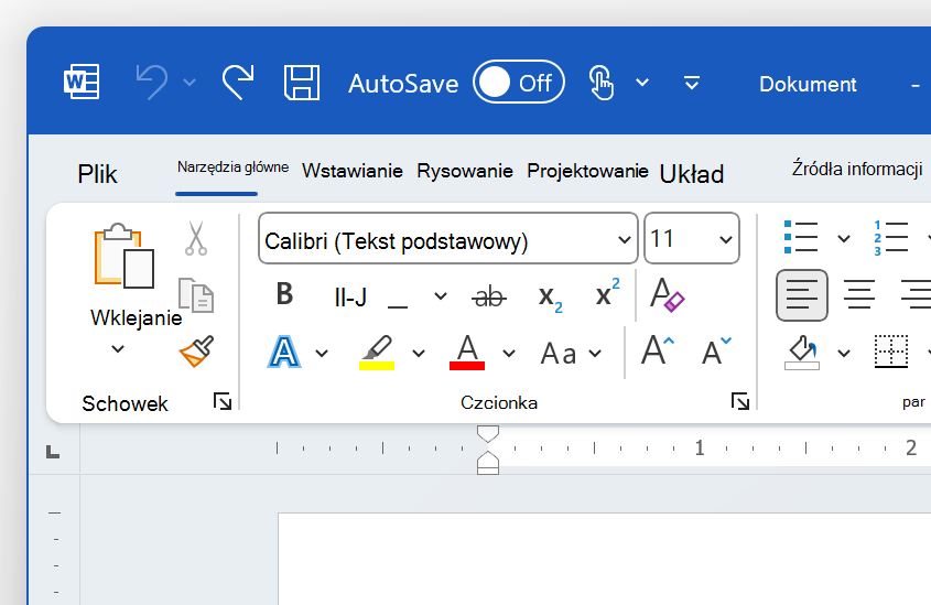 Zrzut ekranu przedstawiający lewy górny róg programu Word w motywie Kolorowe.