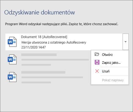 Plik autoodzyskiwania wymieniony w okienku zadań Odzyskiwanie dokumentów
