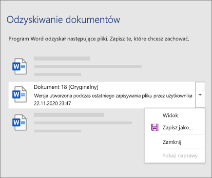 Oryginalny dokument ostatnio zapisany przez użytkownika wymienionego w okienku zadań Odzyskiwanie dokumentów