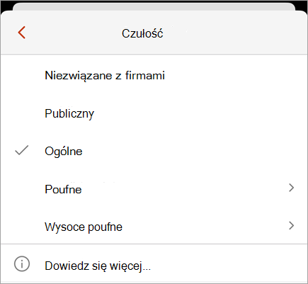 Zrzut ekranu przedstawiający menu poufności z widocznymi dostępnymi etykietami poufności.