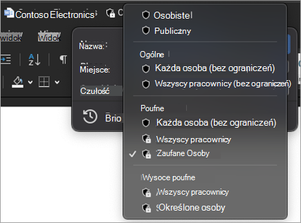 Zrzut ekranu przedstawiający menu charakteru paska tytułu rozwinięte w celu pokazania dostępnych etykiet poufności.