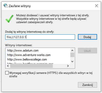 Dodawanie zaufanej witryny we właściwościach internetowych