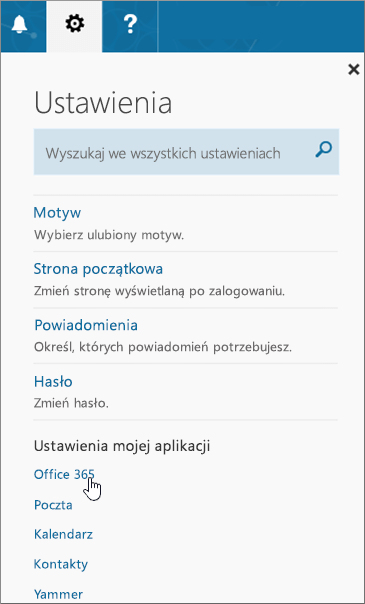 Okienko ustawień usługi Office 365