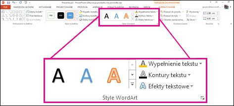 Polecenia z grupy Style tekstu WordArt na wstążce